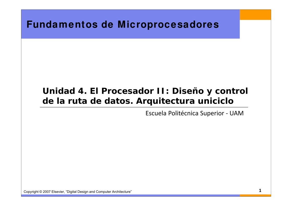 Imágen de pdf Unidad4. El Procesador II: Diseño y control de la ruta de datos. Arquitectura uniciclo